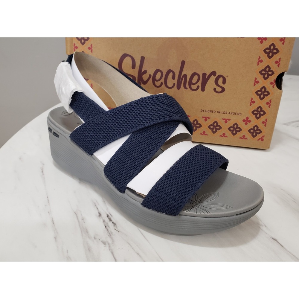 SIZE 11 Skechers Pier Lite Night Owl 163433-MOC Womens Strappy Navy Wedge Sandal
